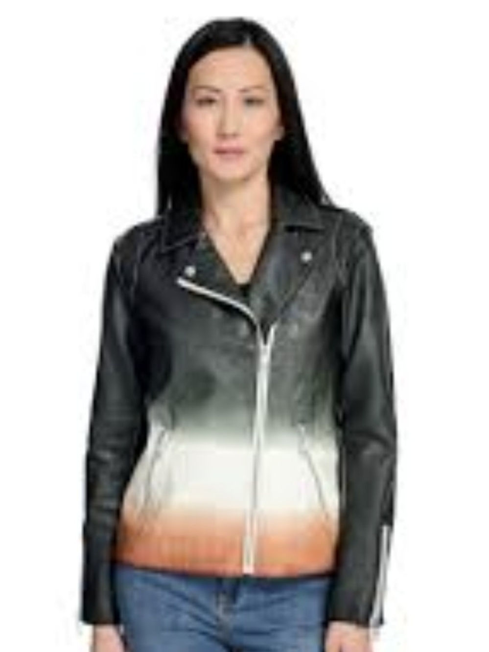 Ombre Faux Leather Moto Jacket in Black, White & Orange